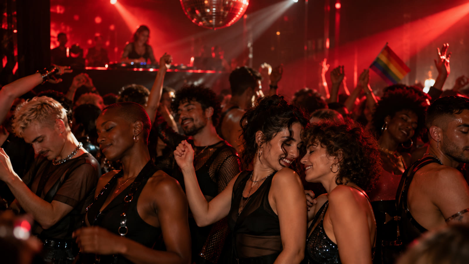 Une foule adulte danse dans un club queer aux lumières rouges