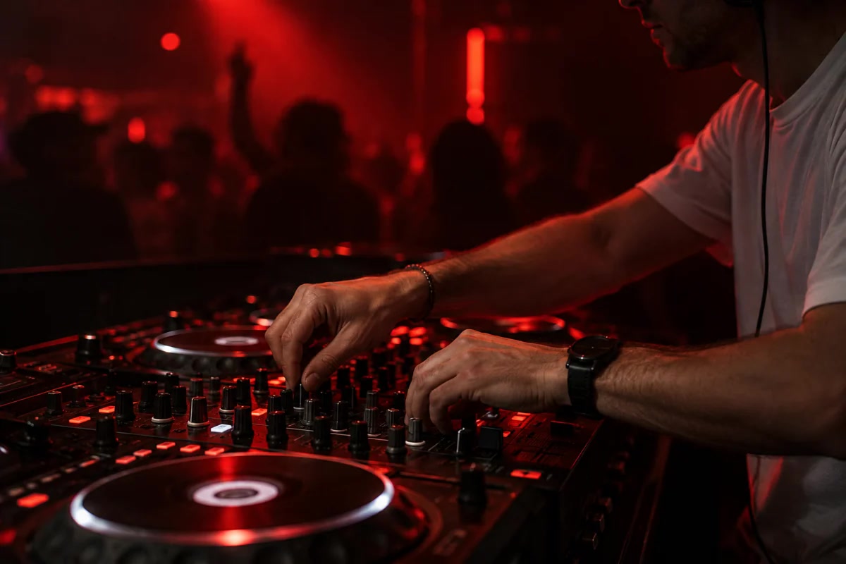 Mains aux commandes d’un contrôleur DJ
